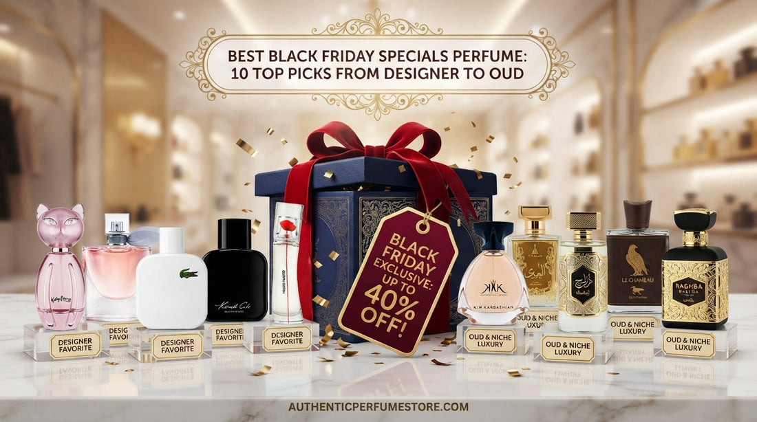 A product photo of 10 featured perfumes—including Katy Perry, Lacoste, Kenneth Cole, Kenzo, Kim Kardashian, Le Chameau, and Lattafa—arranged around a Black Friday gift box on a marble table with a "-40% OFF" tag, headline, and store URL.