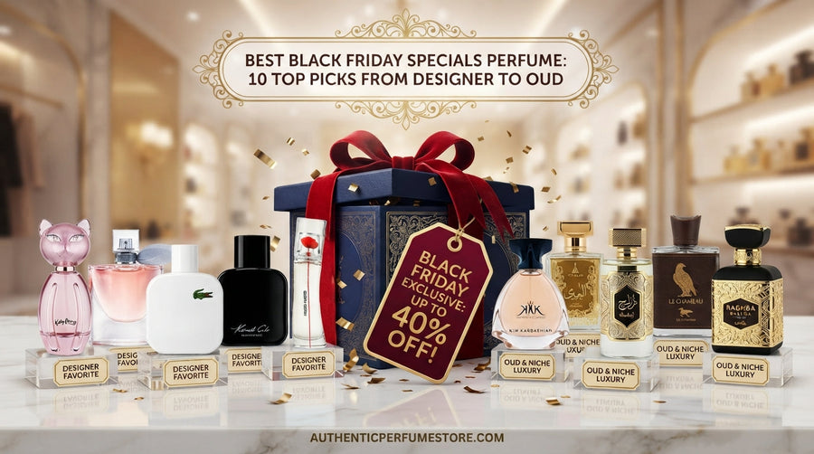 A product photo of 10 featured perfumes—including Katy Perry, Lacoste, Kenneth Cole, Kenzo, Kim Kardashian, Le Chameau, and Lattafa—arranged around a Black Friday gift box on a marble table with a "-40% OFF" tag, headline, and store URL.