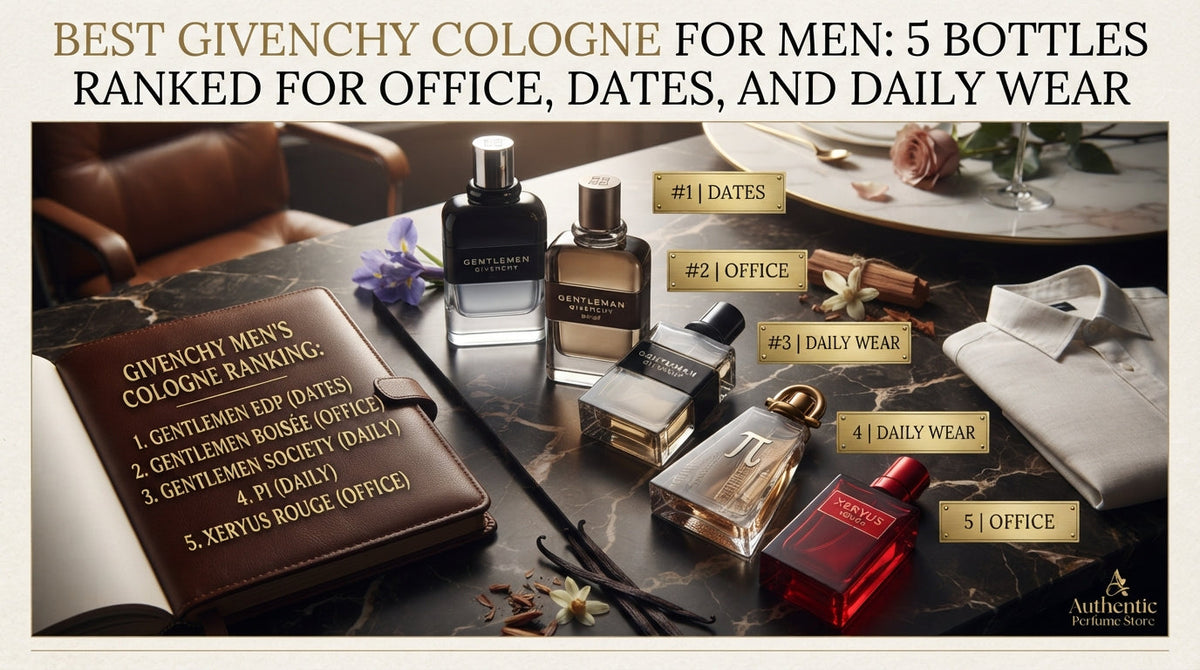Flat lay of five Givenchy men's colognes ranked on a dark marble vanity, featuring Gentleman EDP, Boisee, Society, Pi, and Xeryus Rouge alongside a leather ranking notebook