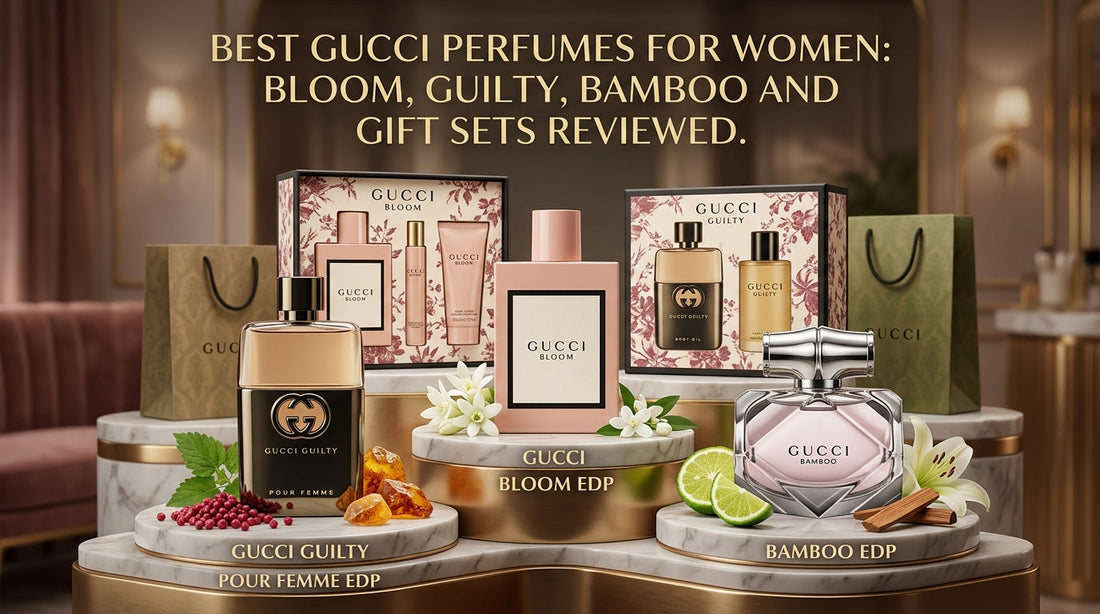 Featured blog image showcasing Gucci women's fragrances, including Gucci Bloom in a vintage pink bottle, metallic Gucci Guilty, diamond-cut Gucci Bamboo, and boxed gift sets displayed on marble pedestals alongside white flowers, lime, and amber.