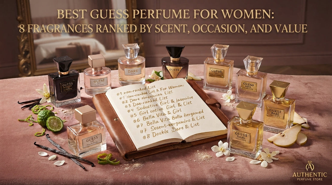 A flat-lay product photograph showcasing eight Guess perfumes for women and a ranked list in a journal, for an Authentic Perfume Store blog post.