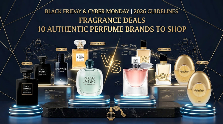 The background is a deep navy blue accented with fine gold geometric lines. At the top, bold gold text reads: BLACK FRIDAY & CYBER MONDAY | 2026 GUIDELINES, followed by FRAGRANCE DEALS and 10 AUTHENTIC PERFUME BRANDS TO SHOP.  In the center, a collection 