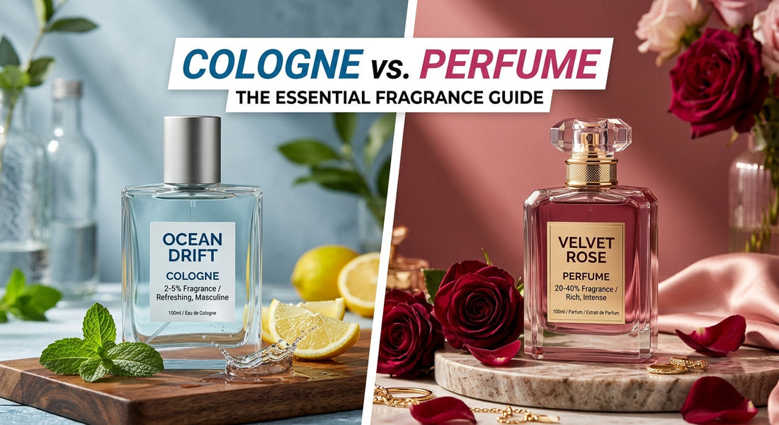 Cologne vs. Perfume The Essential Fragrance Guide. On the left, a light blue Cologne bottle labeled Ocean Drift rests on a wooden block surrounded by fresh mint leaves and sliced lemons. On the right, a deep pink Perfume bottle labeled Velvet Rose sits on