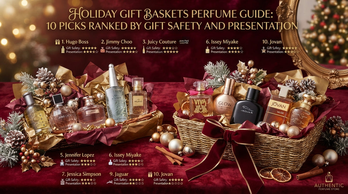 A festive holiday gift basket filled with perfume bottles from brands arranged on a red velvet surface with golden ornaments and pinecones beneath the title 'HOLIDAY GIFT BASKETS PERFUME GUIDE: 10 PICKS RANKED BY GIFT SAFETY AND PRESENTATION'.