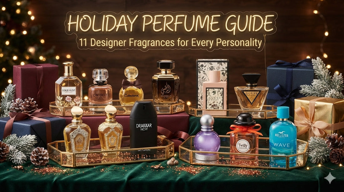 A festive display of designer perfumes on gold trays, surrounded by wrapped gift boxes, frosted pine needles, and glowing holiday lights. Text overlay reads: "HOLIDAY PERFUME GUIDE: 11 Designer Fragrances for Every Personality.