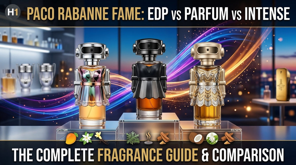 Featured blog comparison image displaying Paco Rabanne Fame EDP, Parfum, and Intense robot perfume bottles side by side on acrylic pedestals with text reading 