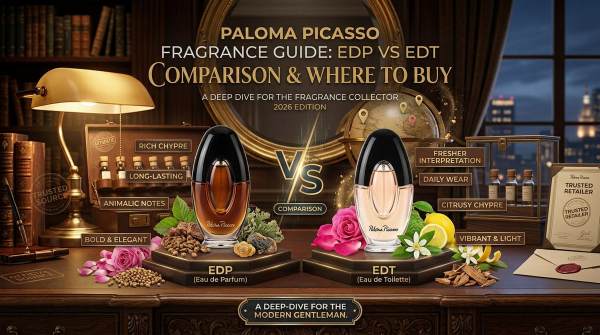 A luxury comparison graphic set inside an elegant study. On the left, the Paloma Picasso Eau de Parfum (EDP) in a dark black frame bottle is labeled 