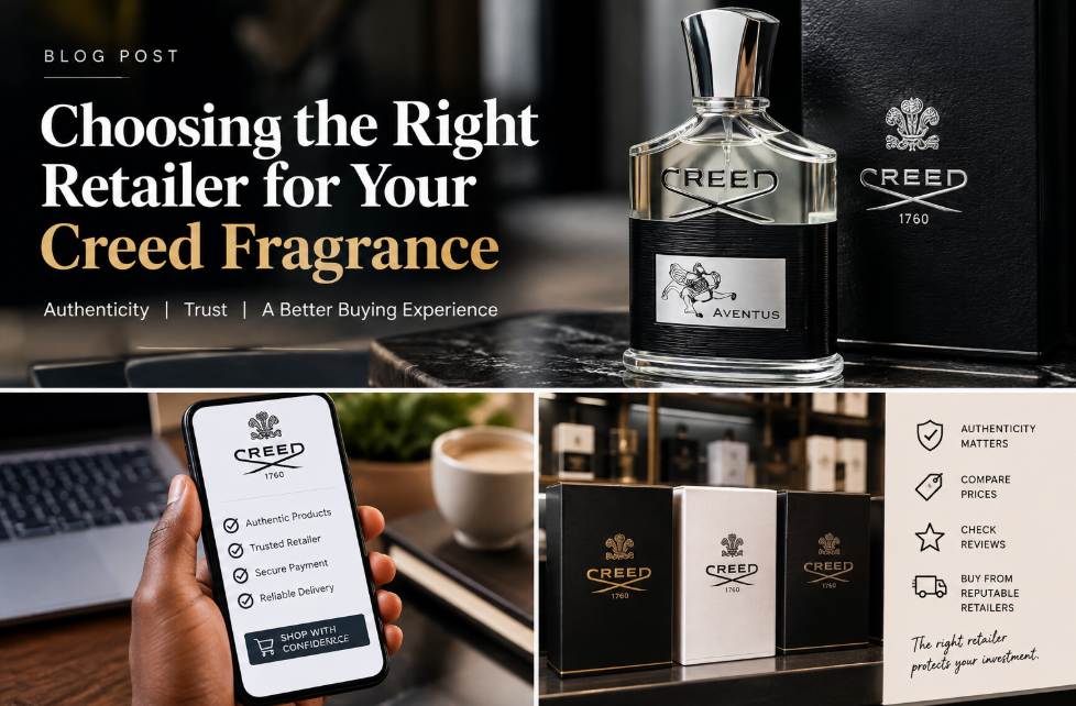 A multi-panel blog post feature image titled 'Choosing the Right Retailer for Your Creed Fragrance', with tips for finding authorized sellers of authentic Creed Aventus perfume in Lagos, Nigeria. The top section shows a bottle of Creed Aventus and a brand