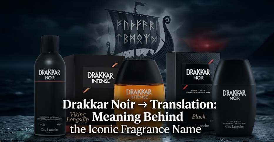 A featured blog image with the text overlay "Drakkar Noir Translation: Meaning Behind the Iconic Fragrance Name." In the foreground, three Guy Laroche Drakkar fragrance products—a black body spray, an amber Drakkar Intense bottle with its box, and a black