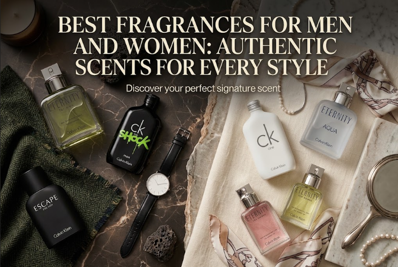 An aerial, close-up photograph of a curated, high-end fragrance review and blog header, presented on a dark, patterned marble surface. Overlay text across the top center in an elegant serif and sans-serif font reads: 'BEST FRAGRANCES FOR MEN AND WOMEN: AU
