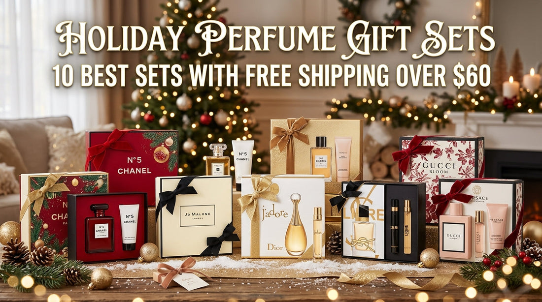 Holiday perfume gift sets from top designer brands displayed on a festive table with Christmas lights in the background.