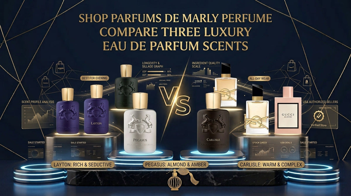 SHOP PARFUMS DE MARLY PERFUME, followed by the subtitle: COMPARE THREE LUXURY EAU DE PARFUM SCENTS.  In the center, three iconic Parfums de Marly bottles sit prominently on illuminated metallic pedestals with glowing neon blue rings:  Layton: A matte dark