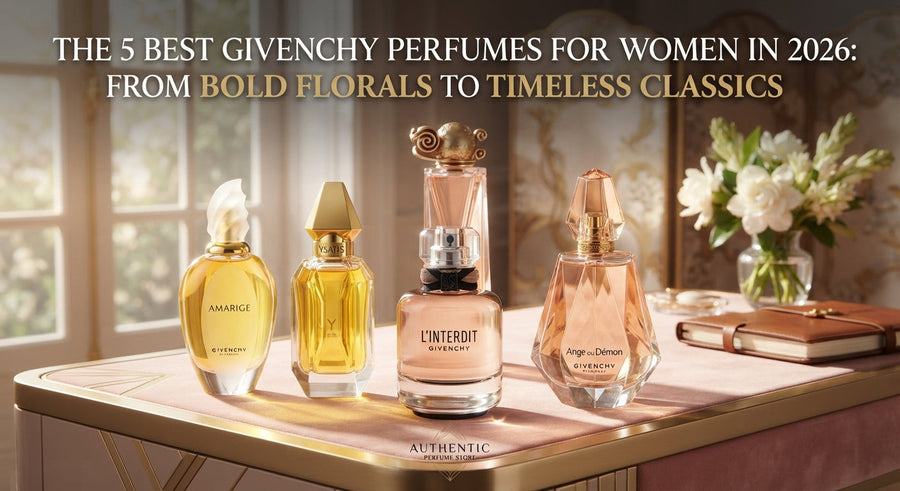 Blog header titled "THE 5 BEST GIVENCHY PERFUMES FOR WOMEN IN 2026: FROM BOLD FLORALS TO TIMELESS CLASSICS" featuring five Givenchy bottles on a pink velvet Art Deco vanity.