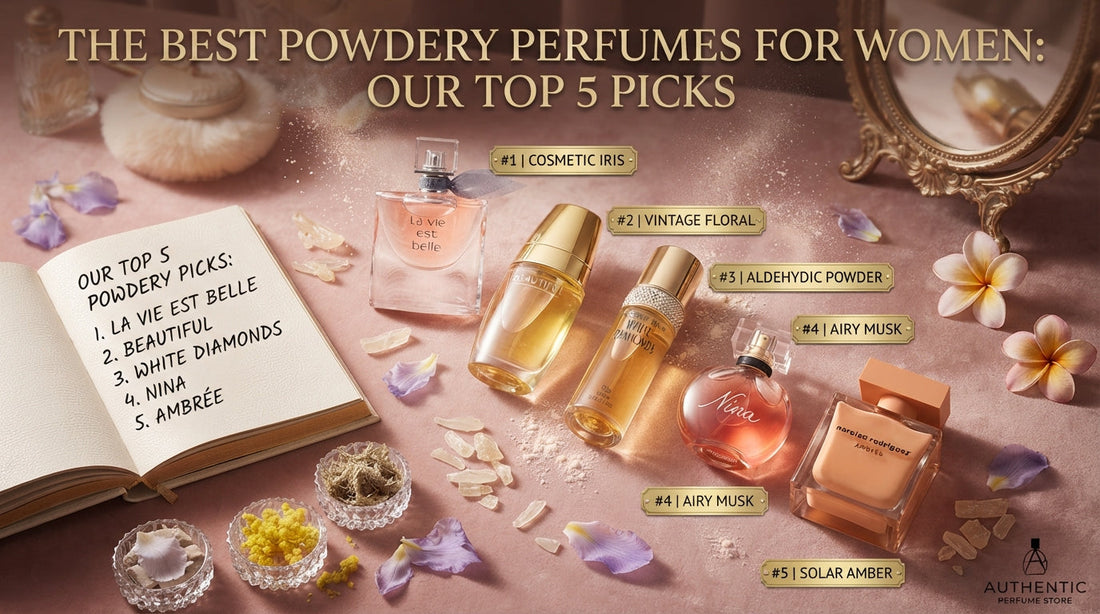 A luxurious, editorial-style flat-lay featuring five iconic powdery perfume bottles arranged in a ranked arc on a dusty-rose velvet surface. From left to right: Lancôme La Vie Est Belle, Estée Lauder Beautiful, Elizabeth Taylor White Diamonds, Nina Ricci 