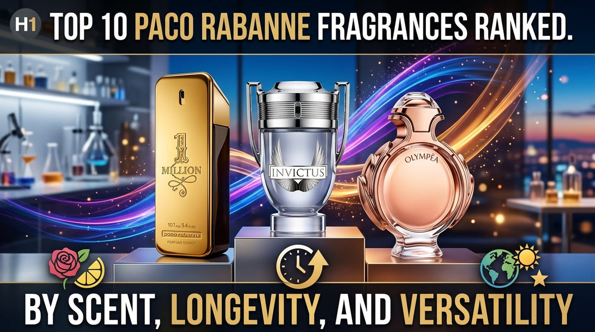 Top 10 Paco Rabanne fragrances ranked banner featuring 1 Million gold bar, Invictus trophy, and Olympea perfume bottles on a display podium.