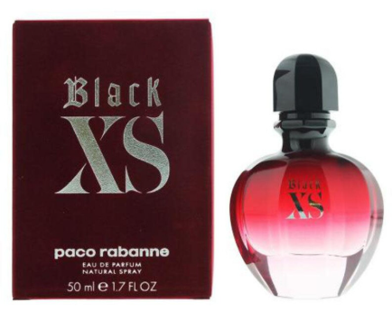 Paco Rabanne Black XS Eau de Parfum 50ml bottle next to its dark red packaging box, featuring a red-to-clear gradient bottle and silver lettering.