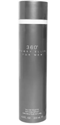 Box only on white background (grey "360° Perry Ellis For Men Eau de Toilette" cylindrical box with white stripe — 6.8 FL OZ 200ml): Perry Ellis 360 Eau de Toilette 6.7 oz grey cylindrical box for men on white background UPC 844061004788