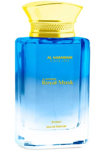 Al Haramain Royal Musk Eau de Parfum bottle, featuring a vibrant blue gradient glass bottle with a metallic gold cap and gold lettering.