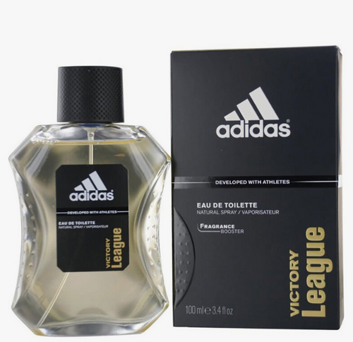 Adidas Victory League fragrance booster eau de toilette bottle and its black retail box on a white background.