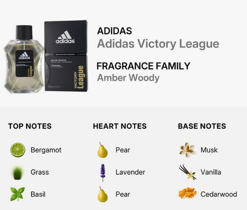 Adidas Victory League fragrance family graphic showing a perfume bottle and black Adidas box, with text identifying the scent as amber woody and listing top, heart, and base notes.