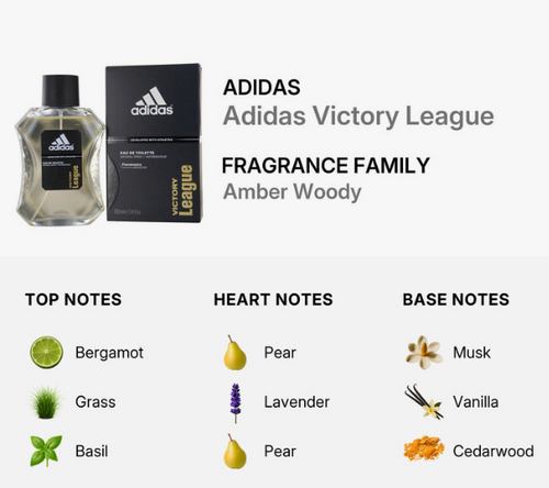 Adidas Victory League fragrance family graphic showing a perfume bottle and black Adidas box, with text reading 'Fragrance Family Amber Woody' and a notes breakdown: Bergamot, Grass, Basil on top; Pear and Lavender on heart; Musk, Vanilla, and Cedarwood on base.
