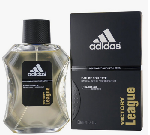 Adidas Victory League fragrance booster eau de toilette bottle and packaging box on a white background.