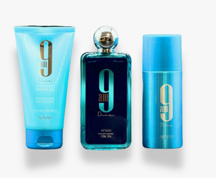 A three-piece men's fragrance set by Afnan featuring a light blue shower gel tube, a dark blue perfume bottle with a metallic silver cap, and a light blue deodorant can, all arranged on a white background.