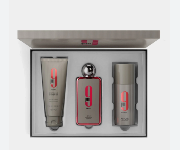 A boxed fragrance gift set from ANXX, featuring a tube of body wash, a rectangular perfume bottle with a metallic silver cap, and a cylindrical deodorant container, all in a gray and red color scheme inside a white tray.