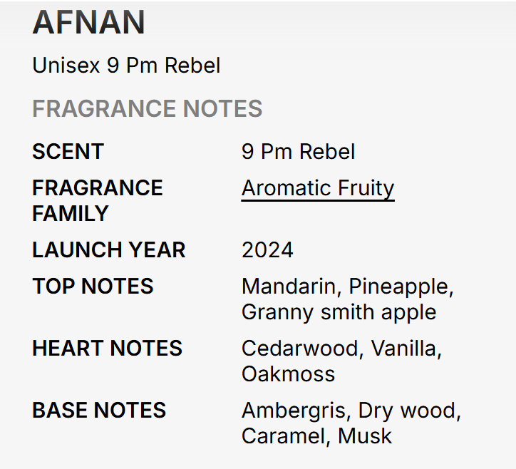 A text-based fragrance notes card for Afnan's Unisex 9 Pm Rebel, detailing the scent family as Aromatic Fruity with specific notes of mandarin, pineapple, granny smith apple, cedarwood, vanilla, oakmoss, ambergris, dry wood, caramel, and musk.