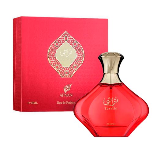 Red perfume bottle with gold cap and 'Afnan' packaging on a white. Afnan Turathi Red Eau de Parfum for Women 90ml red faceted bottle with gold cap beside matching red gift box - Authentic Perfume Store UPC 6290171070597 background