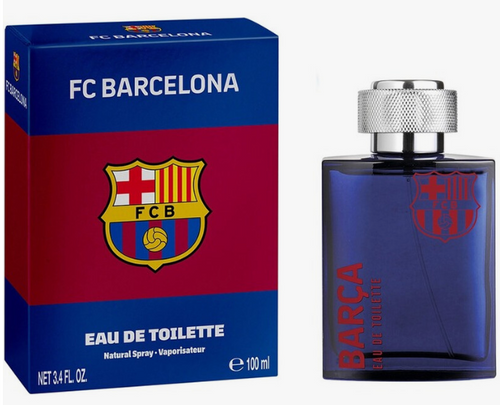 FC Barcelona Eau de Toilette 100ml bottle next to its blue and red packaging box, featuring the FC Barcelona crest.