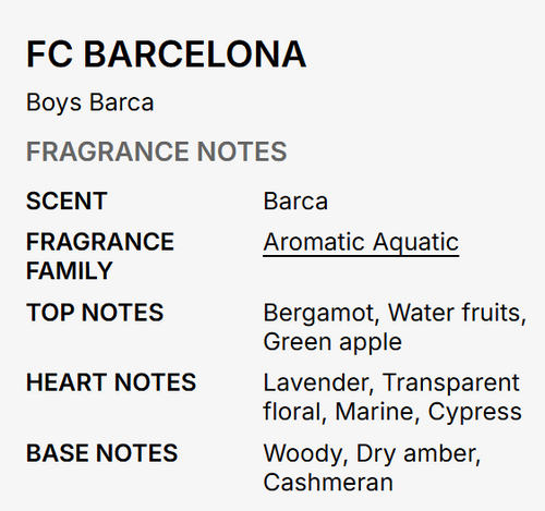 A text-based fragrance notes card for FC Barcelona Boys Barca, detailing scent, fragrance family, top notes, heart notes, and base notes on a light gray background.