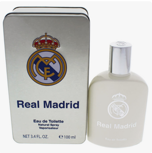 Real Madrid Eau de Toilette 100ml bottle next to its silver metal packaging box, featuring the club's crest and branding.