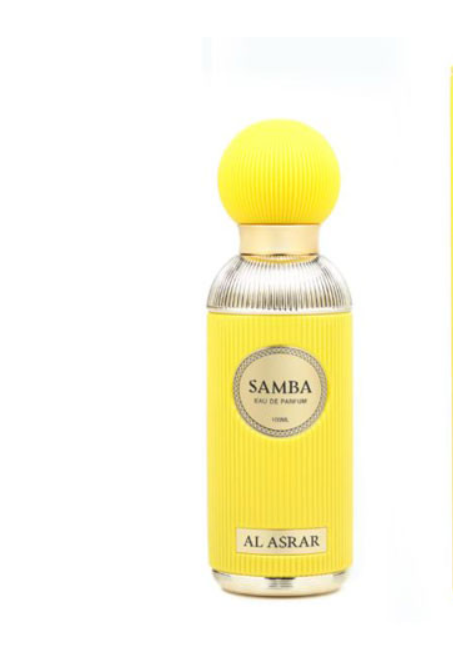 A yellow perfume bottle with a ribbed yellow cap and a matching yellow label that reads 'SAMBA EAU DE PARFUM' and 'AL ASRAR', shown on a plain white background. Al Asrar Samba Dance Collection Unisex Eau de Parfum 100ml yellow bottle with round yellow cap and silver ribbed collar front view on white background - Authentic Perfume Store UPC 6295151915059
