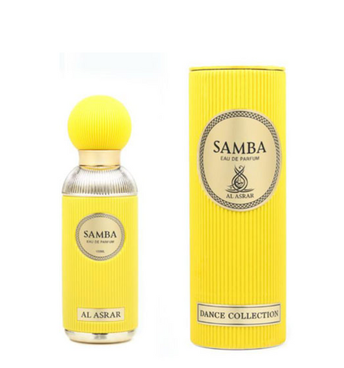A bottle and matching box of Al Asrar Samba Eau de Parfum from the Dance Collection, both in bright yellow with gold and silver details, set against a plain white background. Al Asrar Samba Dance Collection Unisex Eau de Parfum 100ml yellow bottle with round yellow cap beside matching yellow cylindrical gift box - Authentic Perfume Store UPC 6295151915059