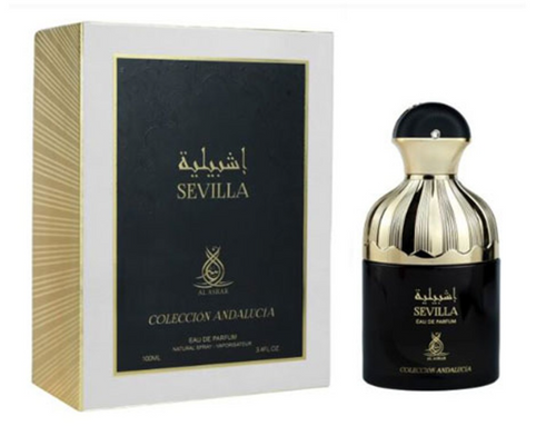 Al Sevilla Sevilla Eau de Parfum bottle next to its packaging box. The bottle is black with a metallic gold cap and features Arabic and English text. Al Asrar Sevilla Coleccion Andalucia Unisex Eau de Parfum 100ml matte black bottle with gold dome cap beside black and gold gift box - Authentic Perfume Store UPC 6292024090349