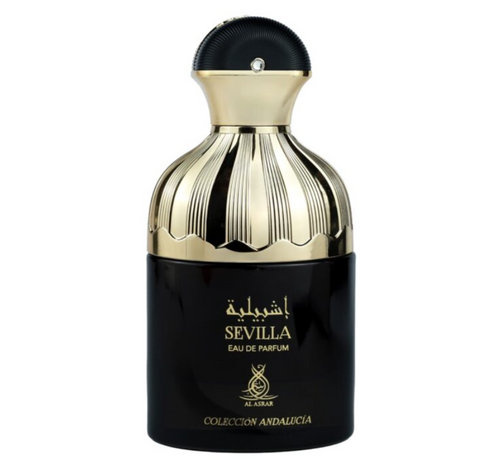A bottle of Sevilla Eau de Parfum by Al Arabia, featuring a glossy black body with gold lettering and a metallic gold ribbed neck and black cap, set against a plain white background. Al Asrar Sevilla Coleccion Andalucia Unisex Eau de Parfum 100ml matte black bottle with ornate gold ribbed dome cap front view - Authentic Perfume Store UPC 6292024090349