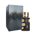 Shajan Eau de Parfum bottle with a gold cap next to its textured dark gray and gold packaging box, on a white background. Al Asrar Shajan Feeling Collection Unisex Eau de Parfum 100ml matte black cylindrical bottle with gold cutout accents and sculpted gold cap beside matching dark grey sunburst gift box - Authentic Perfume Store UPC 6292024022906