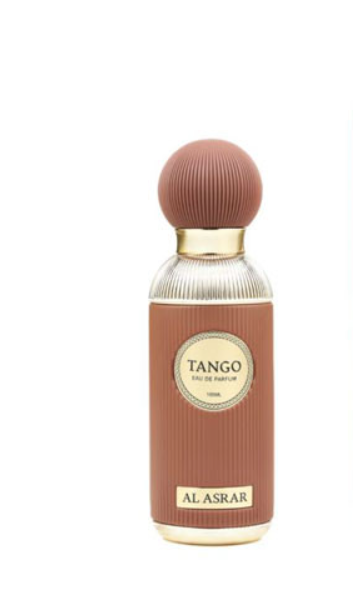 Al Asrar Tango Eau de Parfum bottle with a ribbed terracotta brown body, a matching ribbed brown spherical cap, and gold metallic accents. Al Asrar Tango Dance Collection Unisex Eau de Parfum 100ml terracotta brown leather-wrapped bottle with ribbed round ball cap and gold collar front view on white background - Authentic Perfume Store UPC 6295151915035