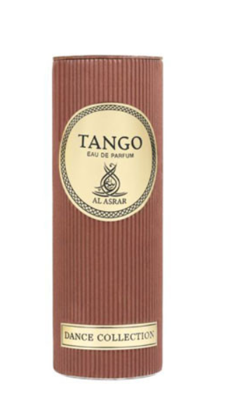 A cylindrical cardboard packaging canister for Al Asrar Tango Eau de Parfum, featuring a ribbed brown design with cream-colored circular and rectangular labels.Al Asrar Tango Dance Collection Unisex Eau de Parfum 100ml terracotta brown ribbed cylindrical gift box with gold medallion label front view - Authentic Perfume Store UPC 6295151915035