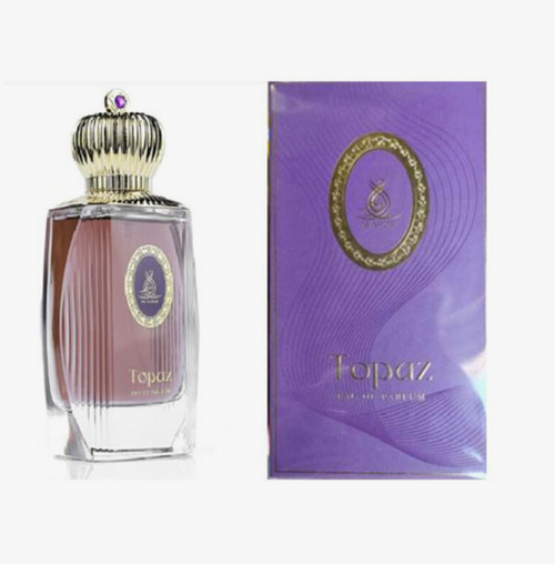 Topaz Eau de Parfum bottle with a ribbed clear glass body and metallic gold cap, shown next to its purple packaging box with gold detailing. Al Asrar Topaz Gemstones Collection Unisex Eau de Parfum 100ml ribbed mauve glass bottle with ornate gold crown cap and purple gemstone beside matching purple gift box - Authentic Perfume Store UPC 6292024041501