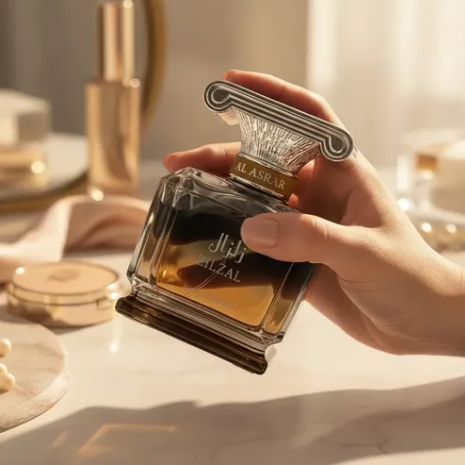 A hand holds a square glass perfume bottle labeled AL ASLAR AL ZAL in warm golden light, with softly blurred cosmetic items in the background. Al Asrar Zilzal Nature Collection Unisex Eau de Parfum 100ml clear glass square bottle with ornate silver cap held by hand in warm editorial setting - Authentic Perfume Store UPC 6292023112806
