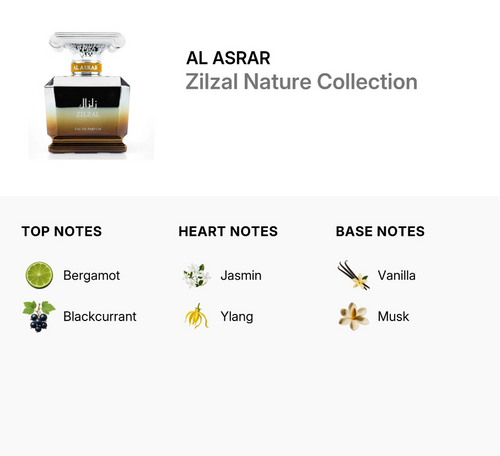 Al Asrar Zilzal Nature Collection perfume bottle shown on a white background with scent notes below: top notes Bergamot and Blackcurrant, heart note Jasmin and Ylang, base notes Vanilla and Musk. Al Asrar Zilzal Nature Collection fragrance notes top notes Bergamot Blackcurrant heart notes Jasmine Ylang Ylang base notes Vanilla Musk - Authentic Perfume Store UPC 6292023112806