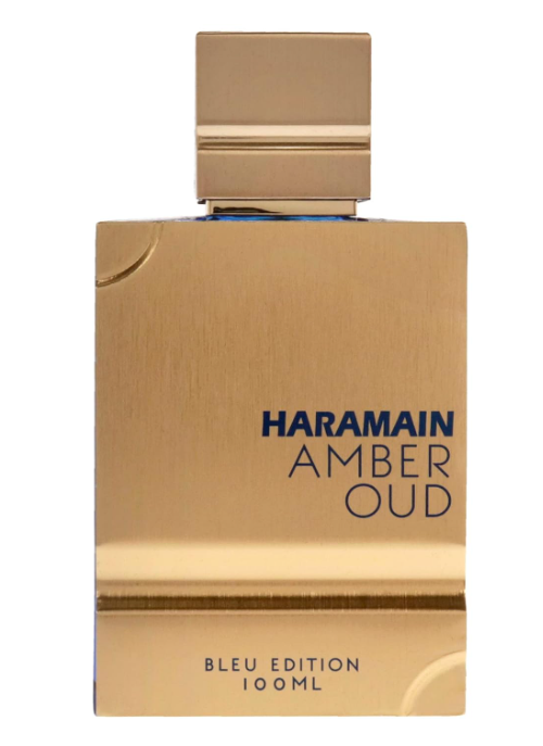 Haramain Amber Oud Bleu Edition 100ml perfume bottle with a brushed gold metallic finish and dark blue lettering, shown on a plain white background.