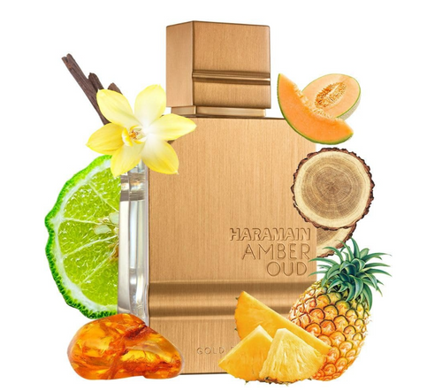 Haranain Amber Oud perfume bottle with a metallic gold finish, surrounded by illustrated fruit and spice motifs including pineapple, cantaloupe, lime, vanilla bean, and amber crystal on a white background.Al Haramain Amber Oud Gold Edition Unisex Eau de Parfum 100ml gold bottle surrounded by fragrance ingredients Bergamot Lime Vanilla Melon Pineapple Amber Woods Musk - Authentic Perfume Store UPC 6291100130122