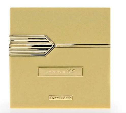A square gold perfume box for Al haramain 'L'Aventure 09 11' with a metallic gold arrow design and a small Alhambra brand label at the bottom, set against a plain white background.
