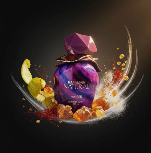 A perfume bottle labeled 'Al Haramain Natural Amber Perfume for Women 100ml Extrait de Parfum With a faceted purple cap, surrounded by amber crystals, citrus slices, and red botanical elements on a dark background.