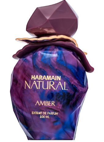 Haramain Natural Amber Extrait de Parfum 100ml bottle, featuring a faceted purple and blue marbled design with a dark plum cap and gold lettering.