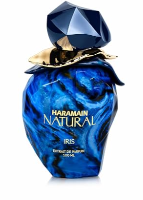 Haramain Natural Iris Extrait de Parfum 200ml bottle, featuring a deep blue marbled body, a faceted dark blue gemstone cap, and gold accents, set against a plain white background.