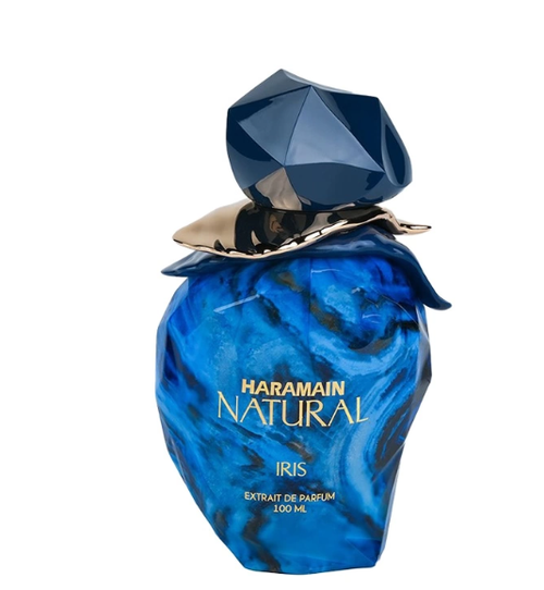 Haramain Natural Iris Extrait de Parfum 100ml bottle, featuring a faceted dark blue cap and a marbled blue glass body with gold lettering, set against a plain white background.